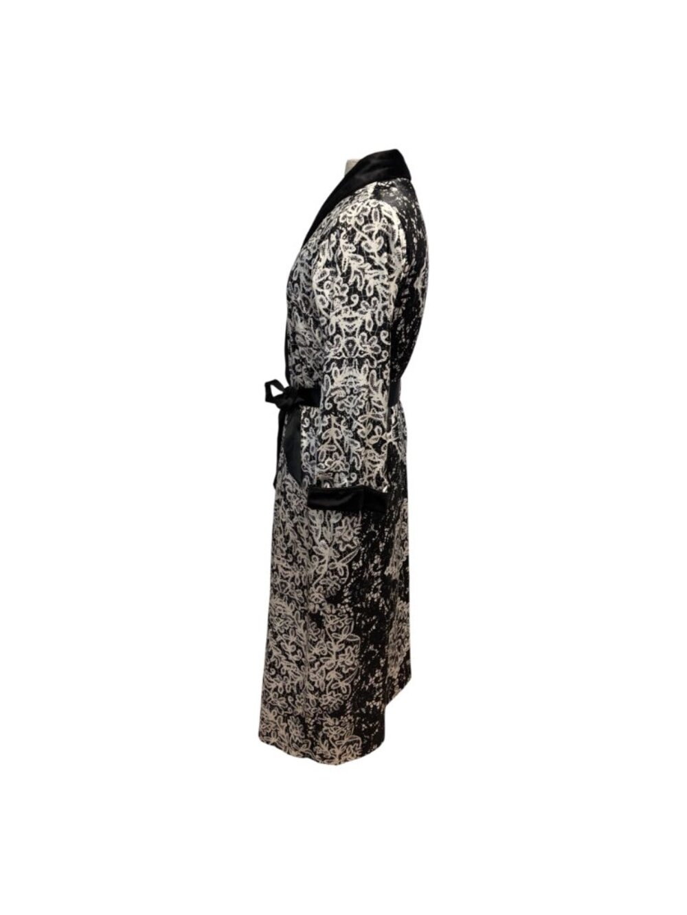 Oscar de la Renta Long Robe M Black Ivory Lace Print Satin Trim Belted 54” - Picture 3 of 9